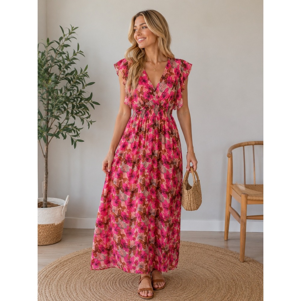 Le Ragazze Italy Pink Floral Butterfly Maxi Dress S Flutter Sleeve Smocked Waist